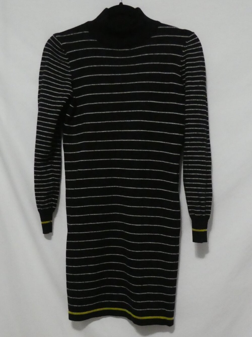 CYNTHIA ROWLEY Striped Mock Neck Knit Sweater Dress Black Gold Trim - Size Large